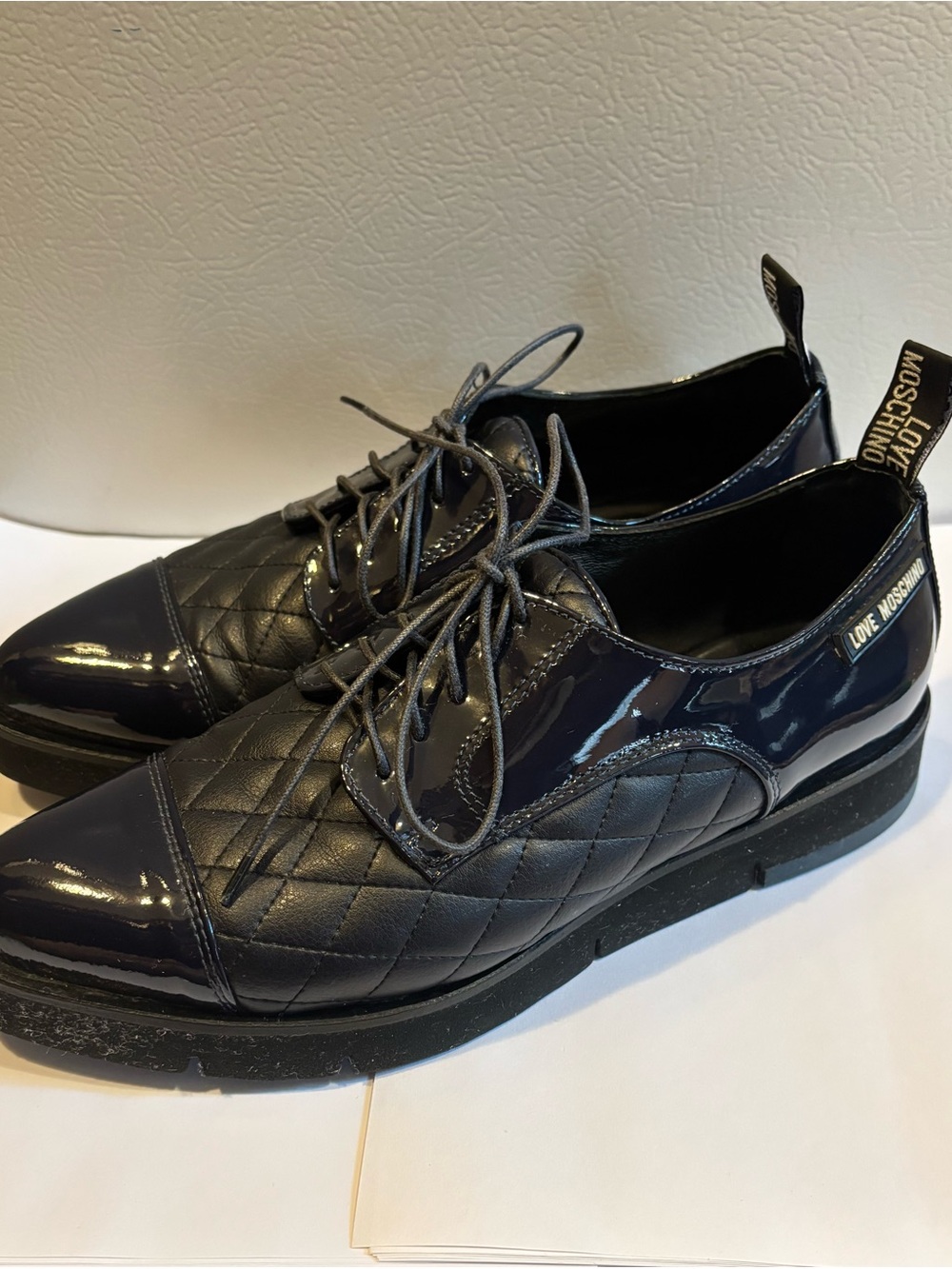 Love Moschino Quilted Navy Patent Lace-Up Oxfords